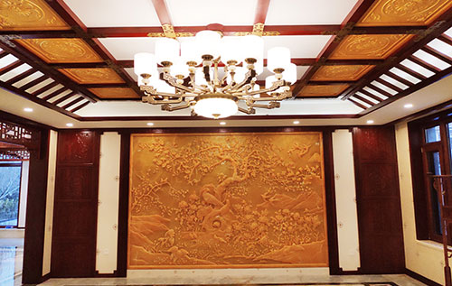 东城中式别墅客厅中式木作横梁吊顶装饰展示
